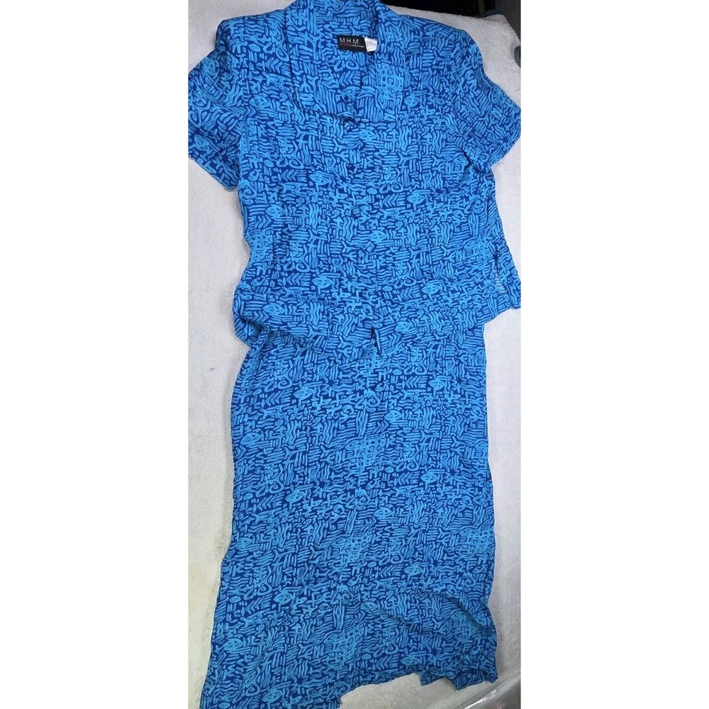 Melissa Harper MHM 2 Pc Rayon Dress Jacket Set Blue Geometric Print Women's 14